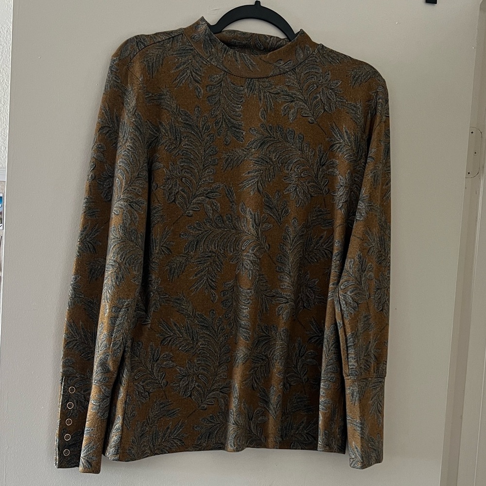 Rafaella Brown and Gray Long Sleeve Mock Neck Blouse